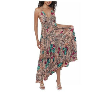 Raga Floral Paisley Halter Maxi Dress Tan Teal Pink Tassel Open Back R1622 NEW